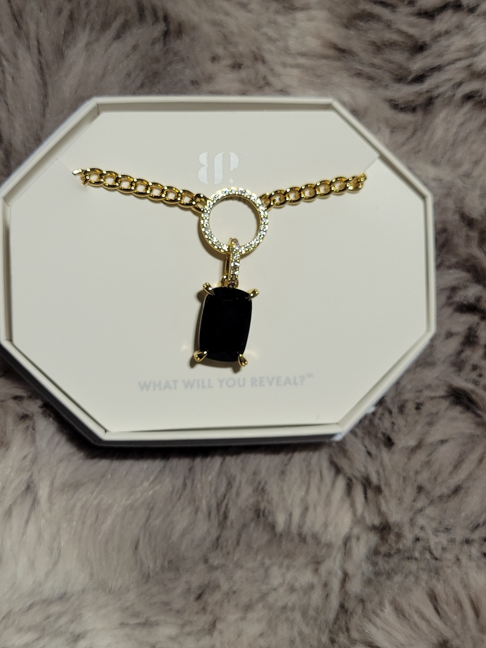Gold-Tone Necklace with Black Stone and Pavé Ring Pendant